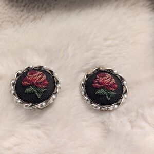 Vintage Petit Point Earrings Silver Toned